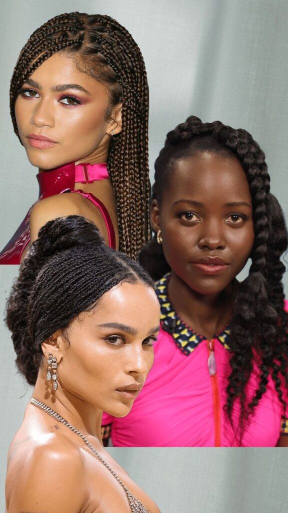 Farklı örgülü saç stilleriyle Zendaya, Lupita Nyong'o ve Zoë Kravitz portreleri