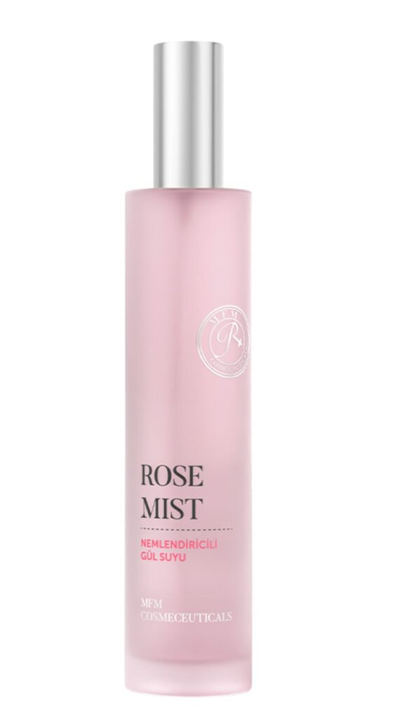 Pembe şişede MFM Cosmeceuticals Gül Suyu ve Rose Mist yazılı sprey