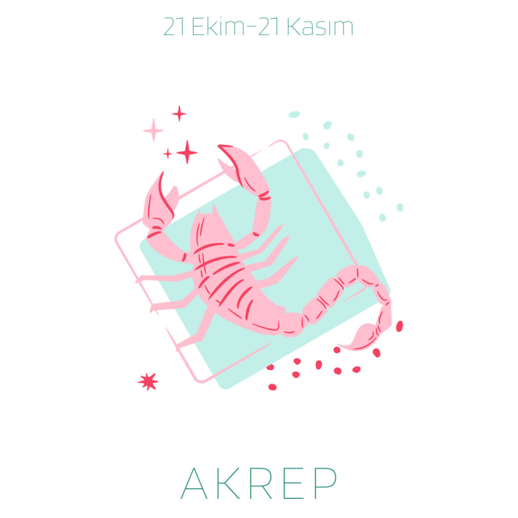 Pembe akrep burcu illüstrasyonu, 21 Ekim-21 Kasım tarihleri ve Akrep yazısı