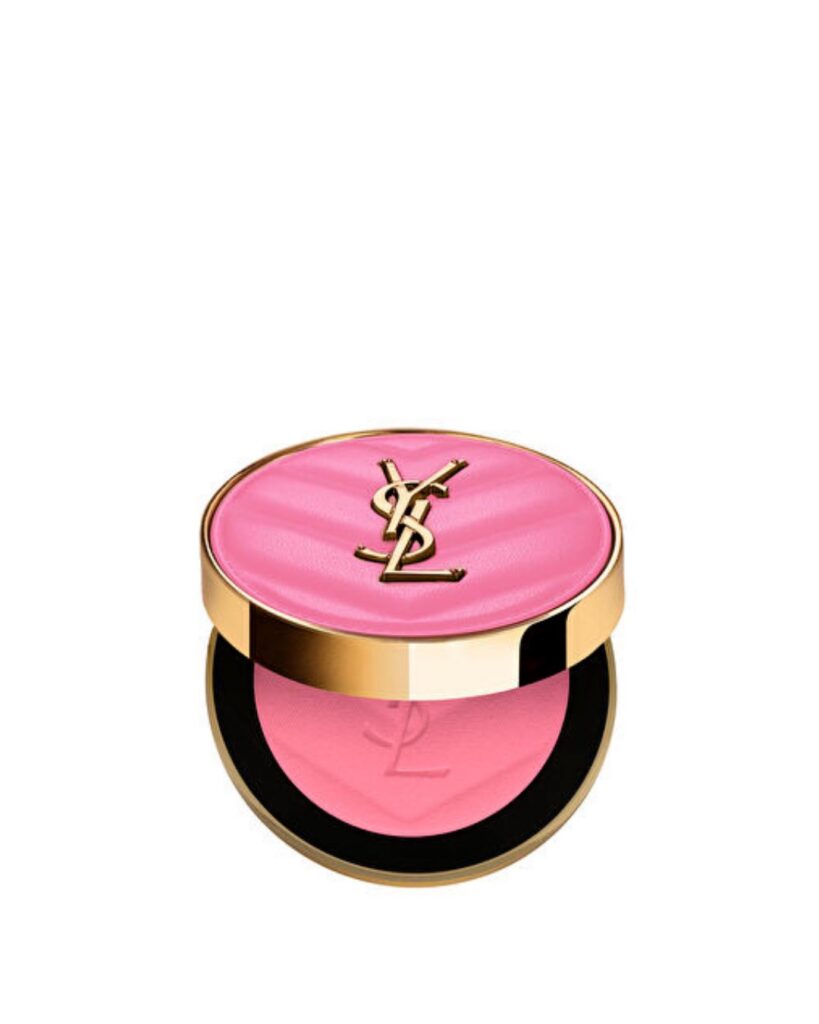 YSL logolu altın çerçeveli pembe kompakt allık makyaj ürünü