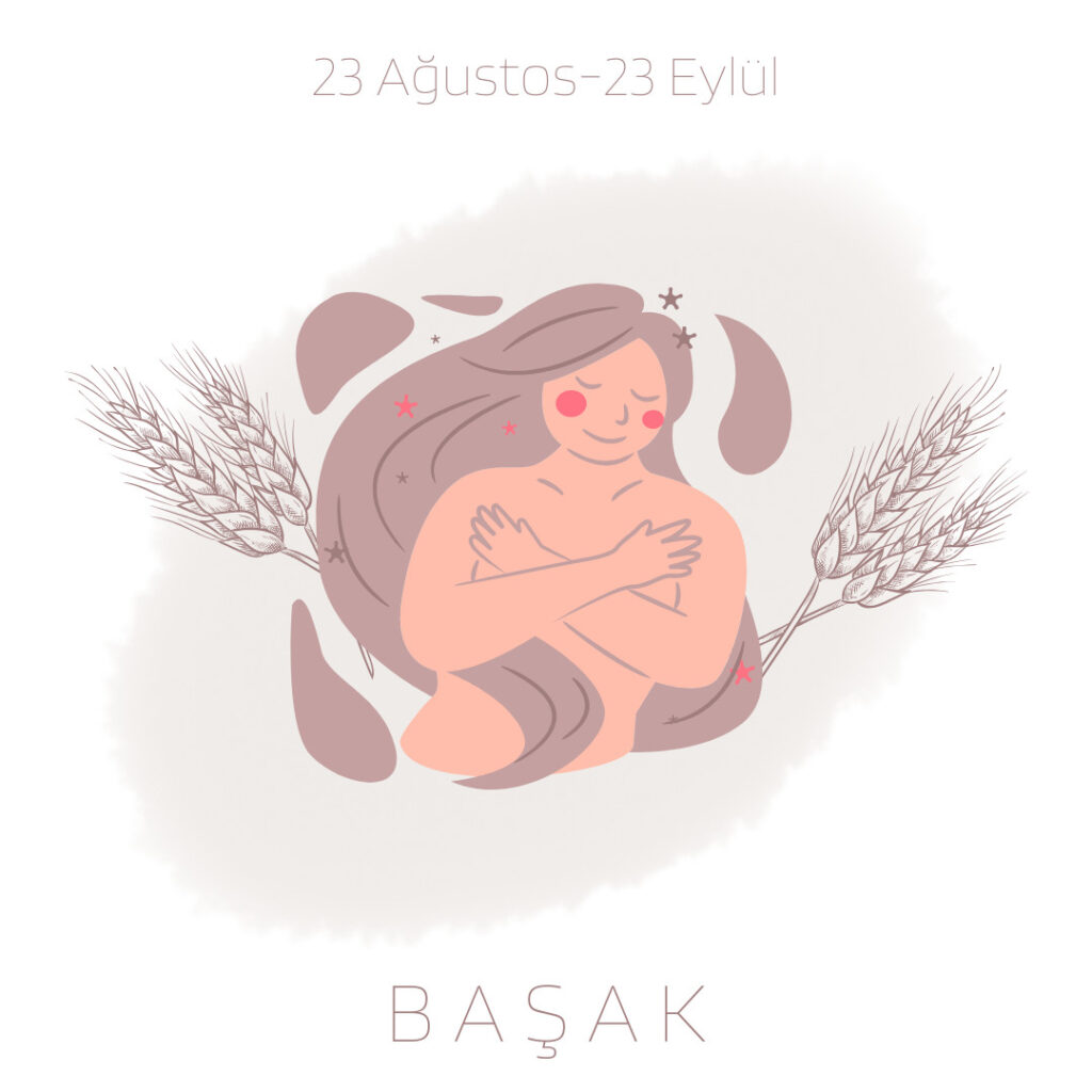 Başak burcu kadın illüstrasyonu, buğday başakları ve tarihlerle birlikte