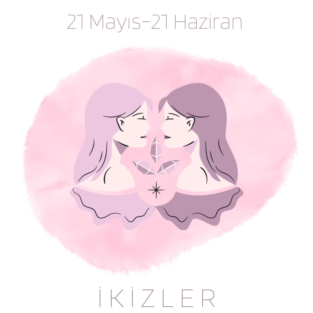 21 Mayıs-21 Haziran İkizler burcu illüstrasyonu, pembe suluboya arka plan