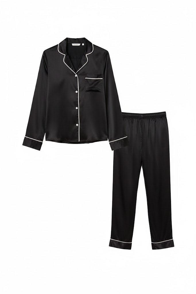 Saten beyaz biye detaylı siyah uzun kollu pijama takımı