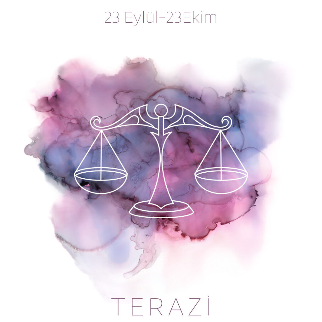 Mor suluboya arka planda Terazi burcu ve tarihleri gösteren görsel