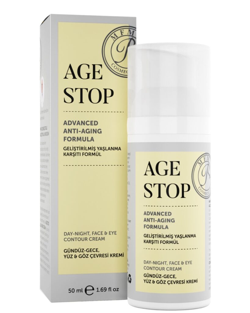 AGE STOP yaşlanma karşıtı yüz ve göz kremi kutusu ve şişesi