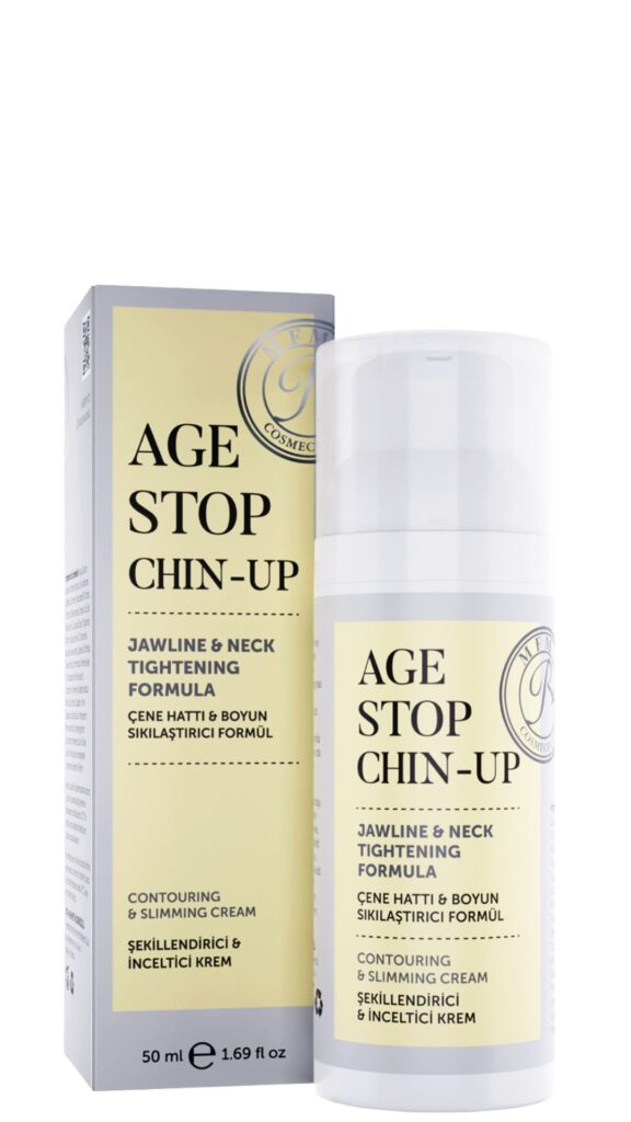 Age Stop Chin-Up çene boyun sıkılaştırıcı şekillendirici krem kutusu ve şişesi