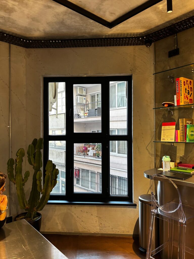 Modern iç mekan, büyük pencere, kaktüs ve şehir manzarası