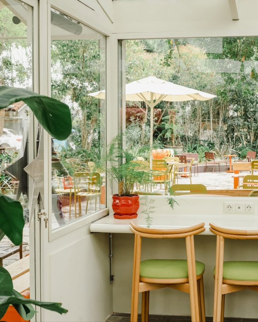 Pencereden görünen bahçe manzaralı modern kafe oturma alanı ve bitki