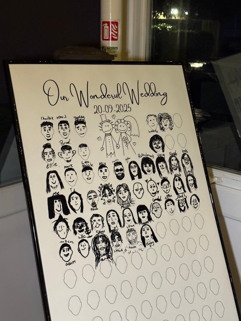 Düğün misafirleri için yüz karikatürleri içeren eğlenceli anı defteri
