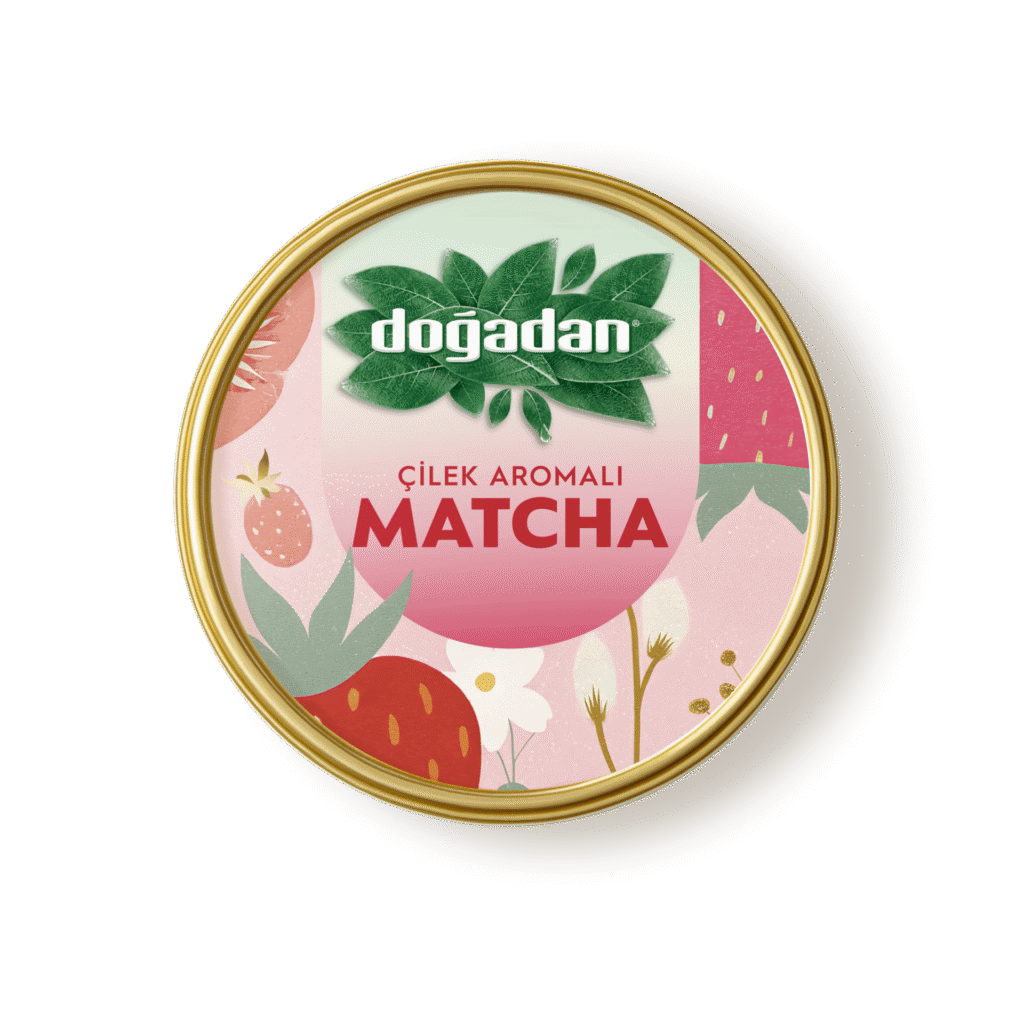 Doğadan çilek aromalı matcha çay kutusu kapağı çilek ve çiçeklerle
