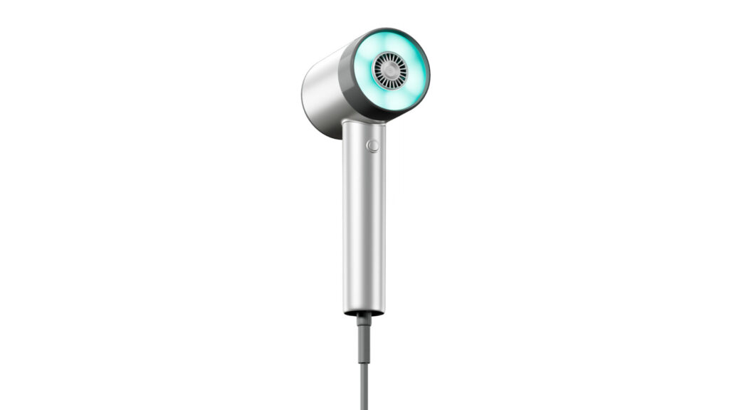 Modern gümüş el cihazı, parlak teal ışıklı, minimalist tasarım