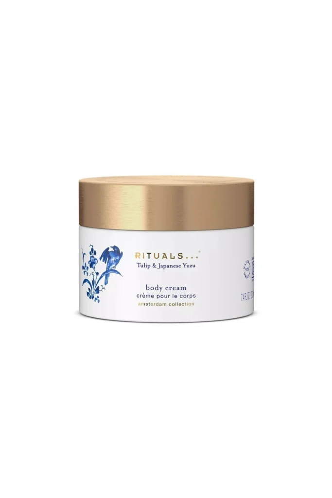 Rituals Tulip & Japanese Yuzu vücut kremi beyaz kavanoz altın kapak